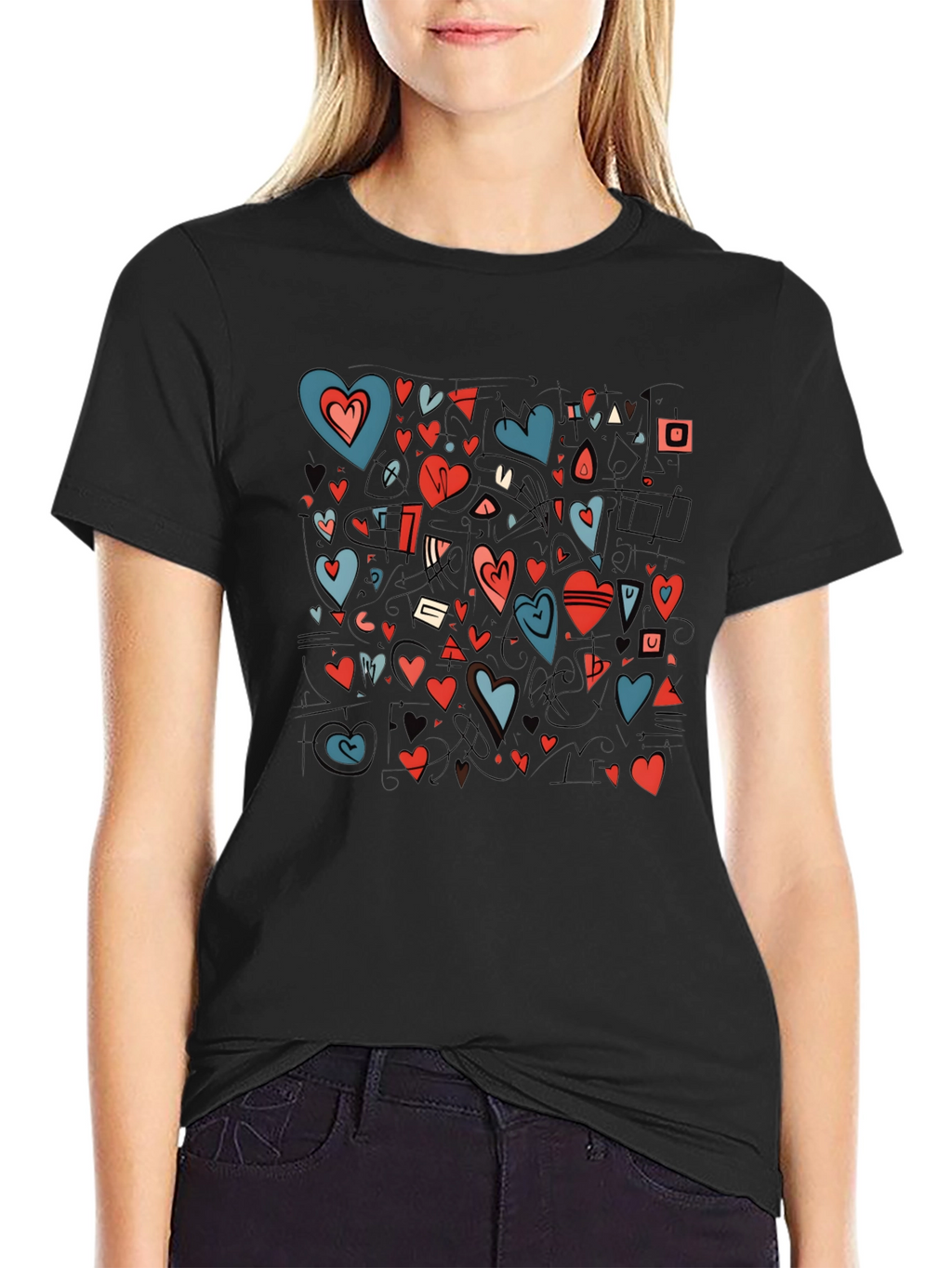Heart Pattern Black Crewneck T-Shirt