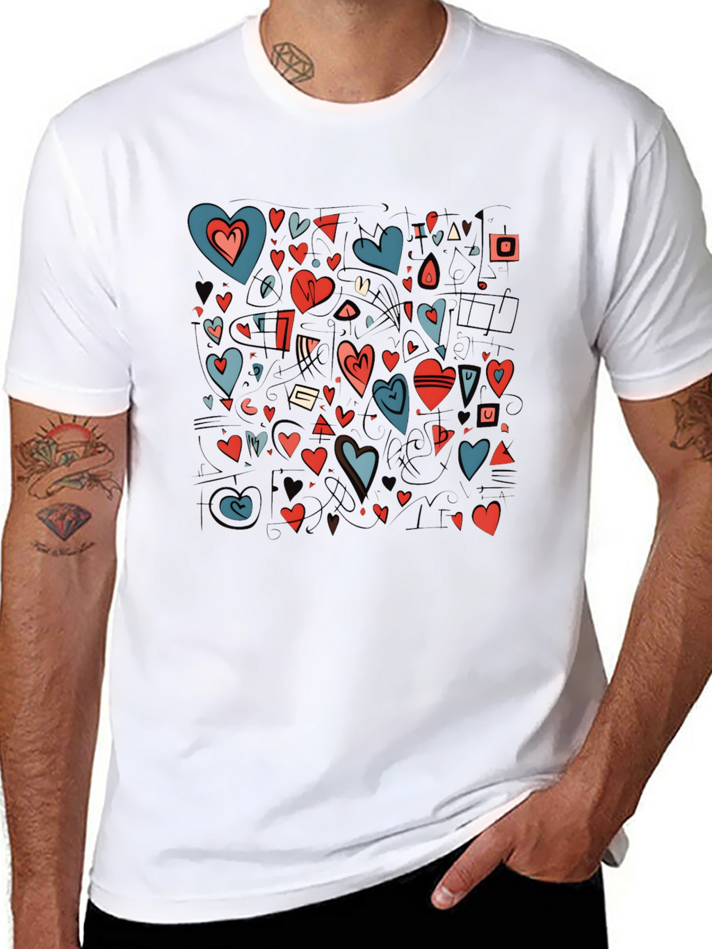 Heart Pattern Black Crewneck T-Shirt