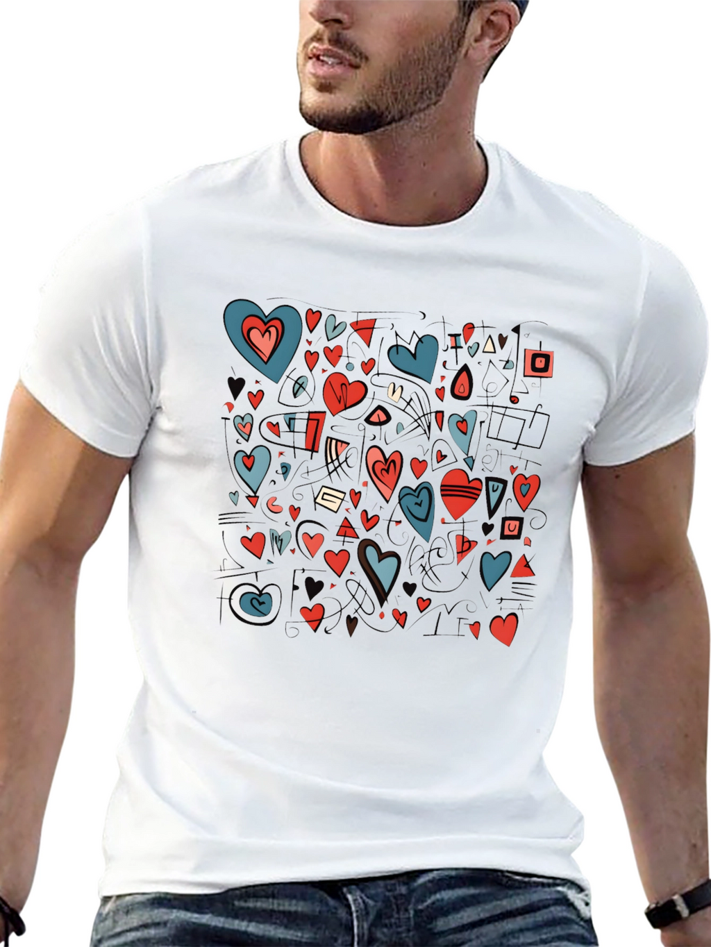 Heart Pattern Black Crewneck T-Shirt