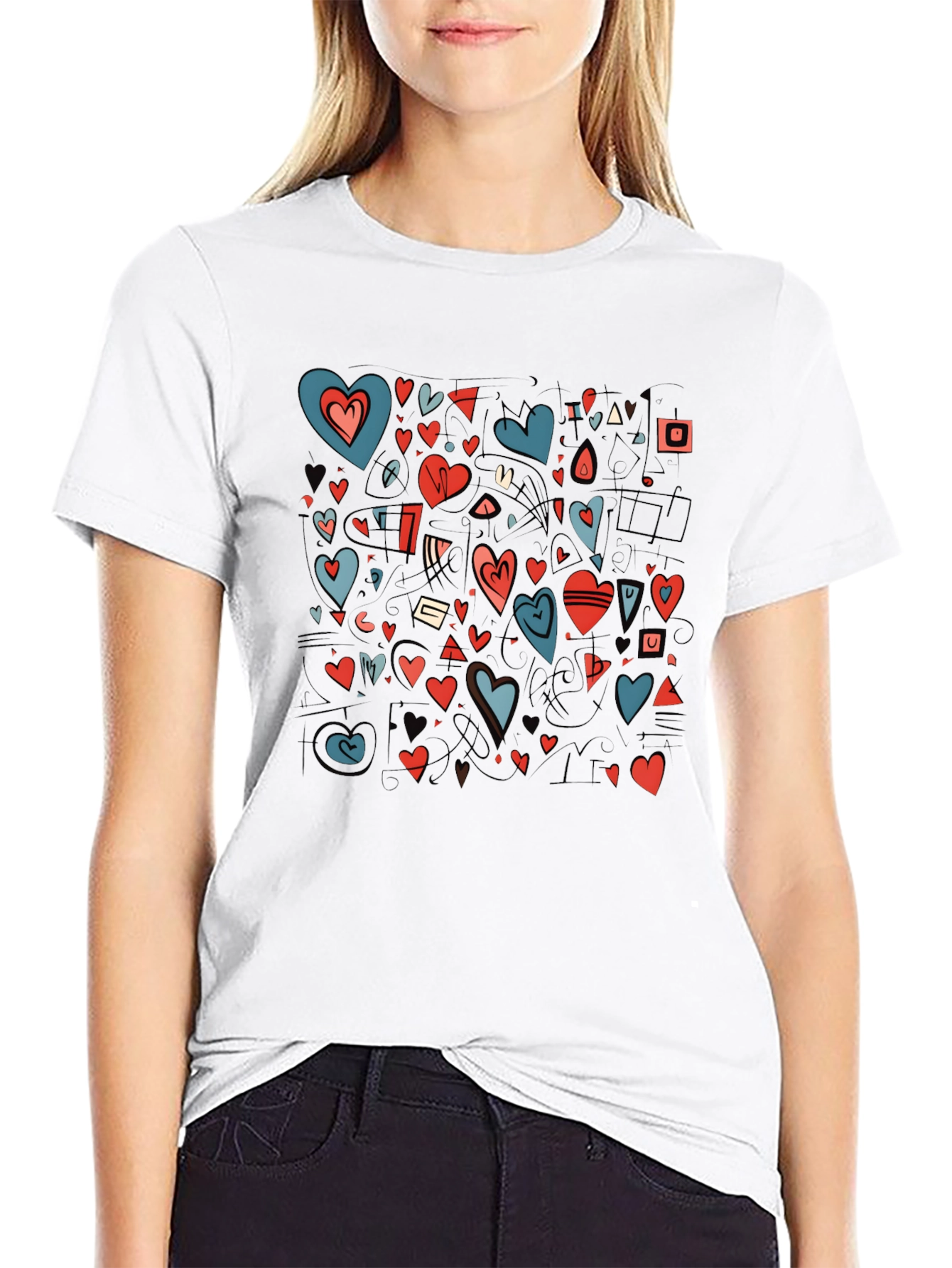 Heart Pattern Black Crewneck T-Shirt