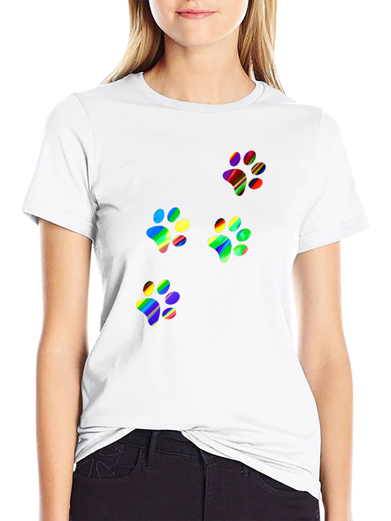 Rainbow Paw Print T-Shirt - Black Crew Neck