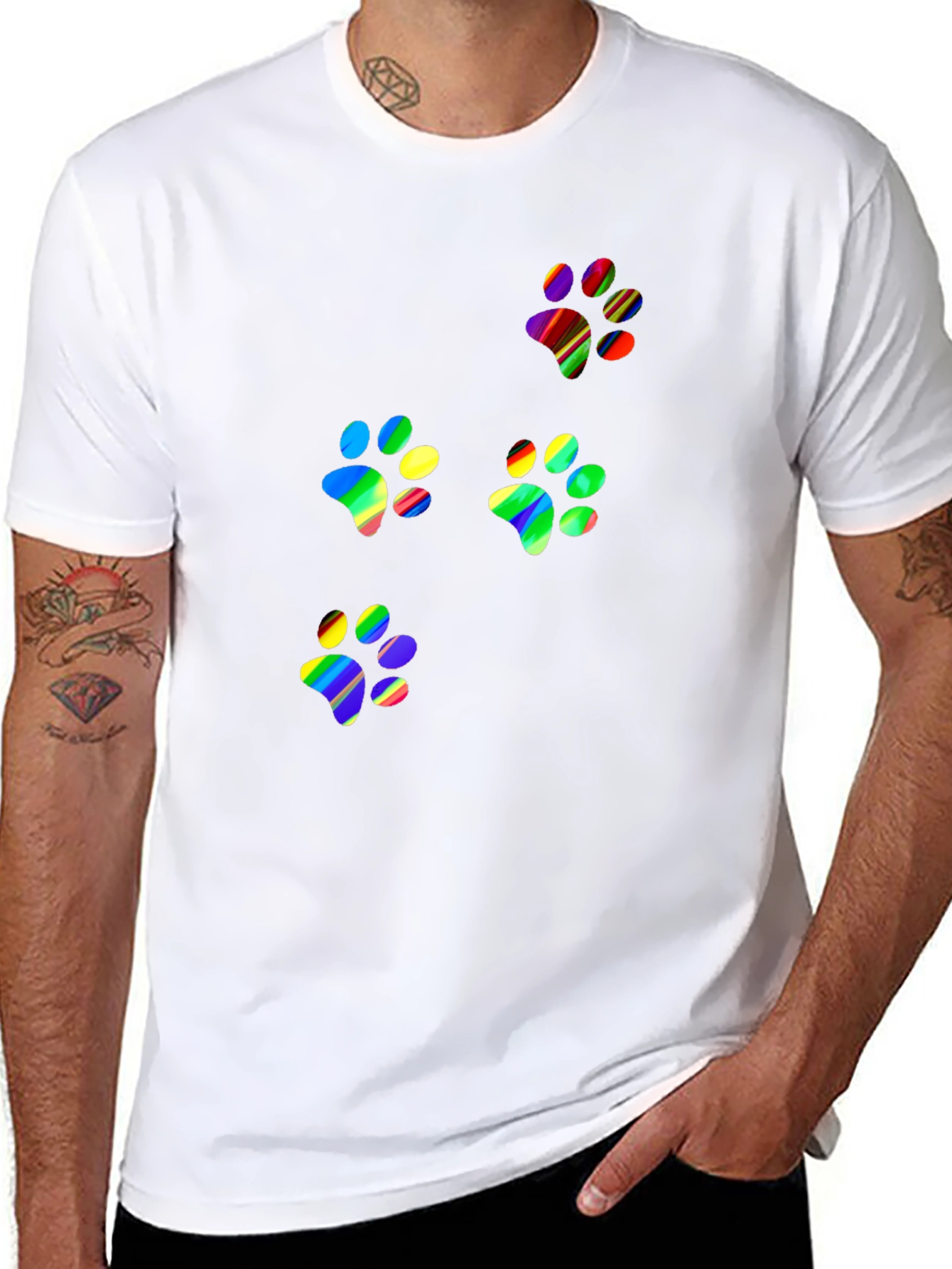 Rainbow Paw Print T-Shirt - Black Crew Neck