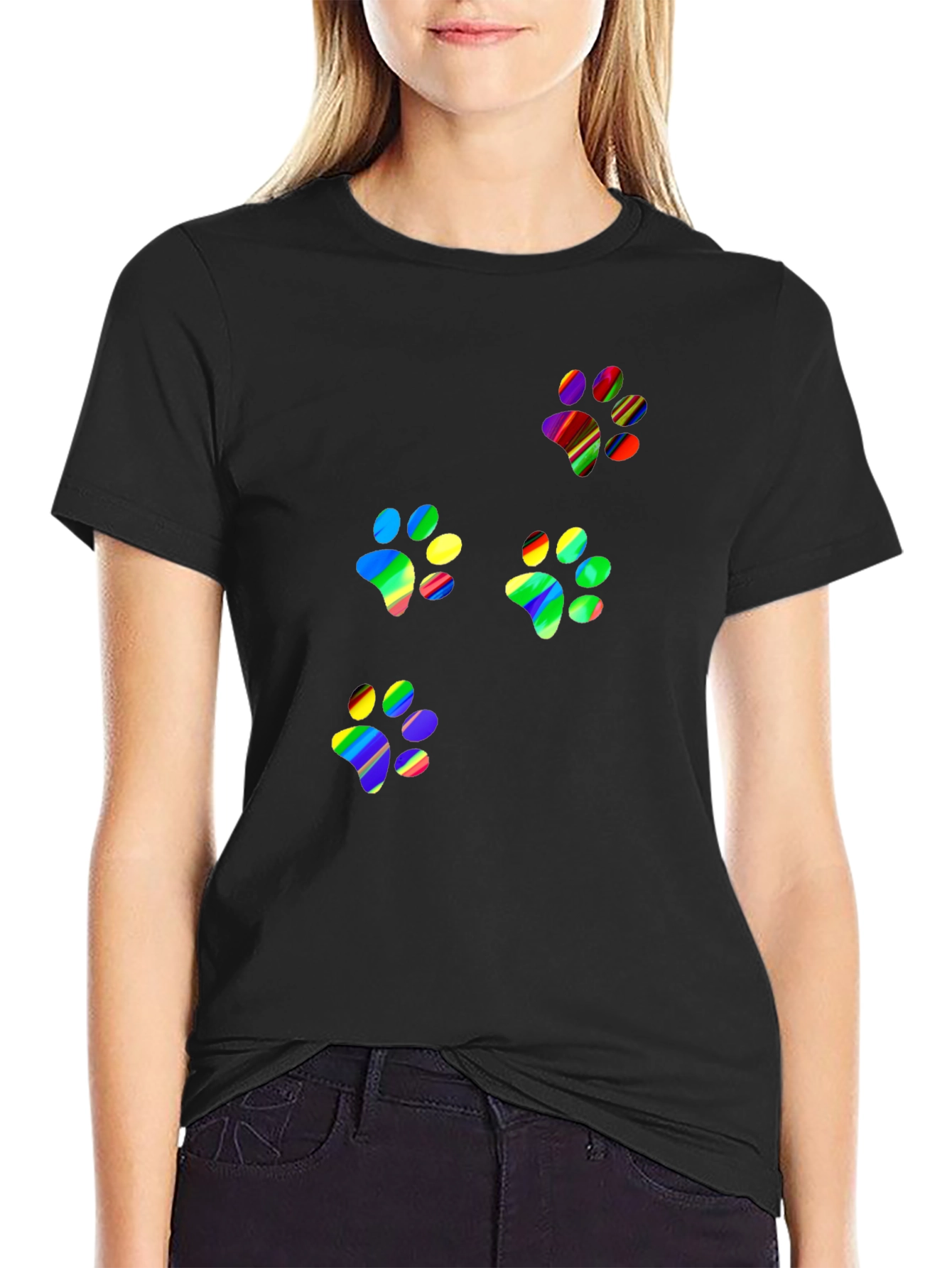 Rainbow Paw Print T-Shirt - Black Crew Neck