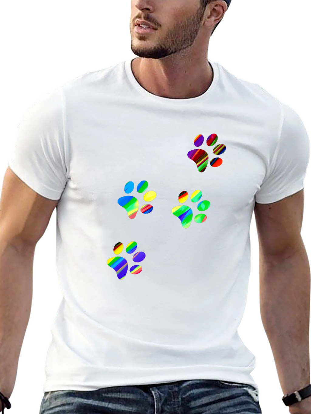 Rainbow Paw Print T-Shirt - Black Crew Neck