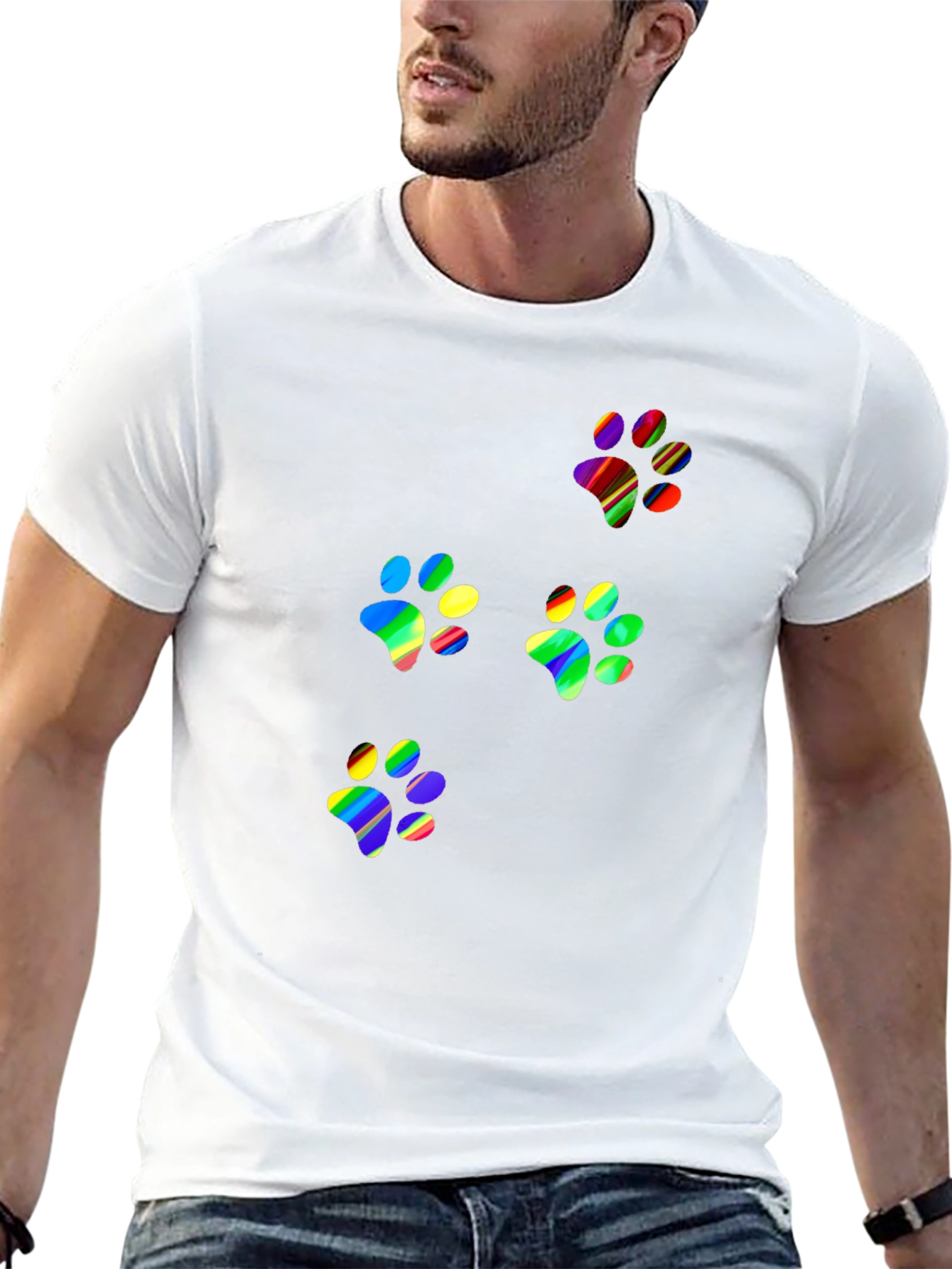 Rainbow Paw Print T-Shirt - Black Crew Neck