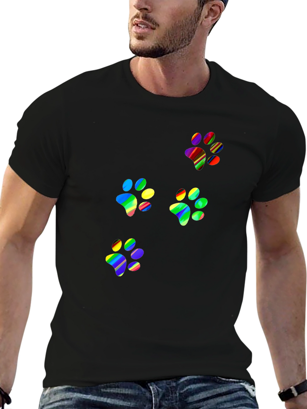 Rainbow Paw Print T-Shirt - Black Crew Neck