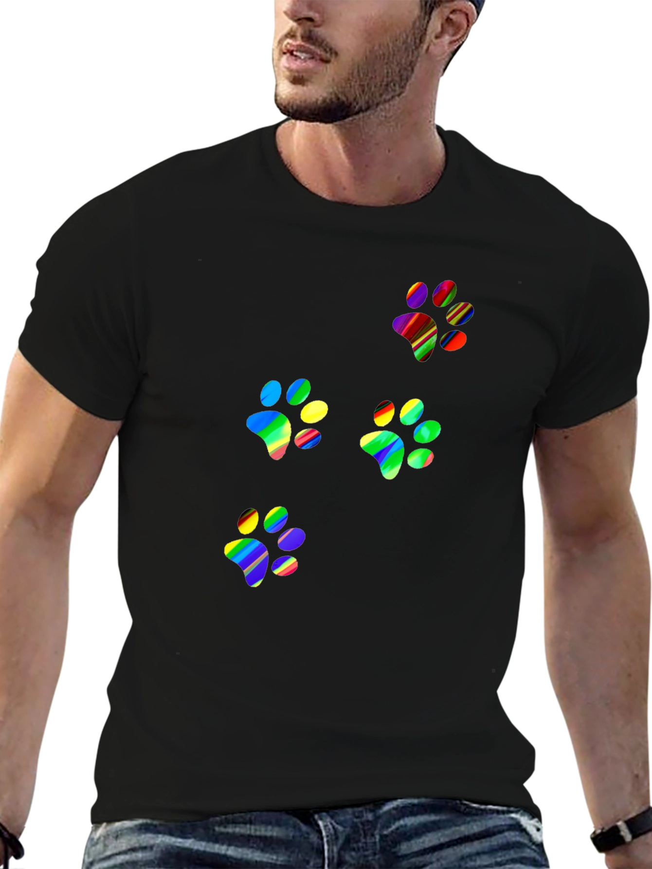 Rainbow Paw Print T-Shirt - Black Crew Neck