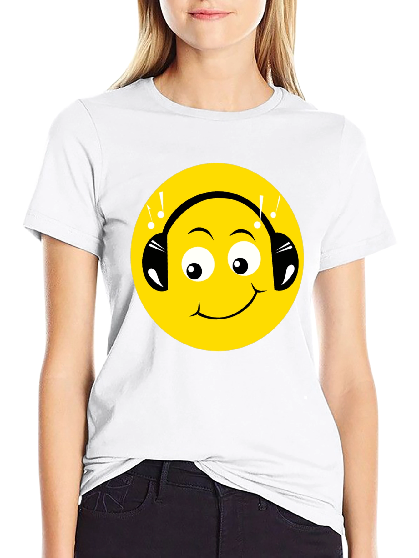 Smiley Face Headphones Graphic Tee - Black
