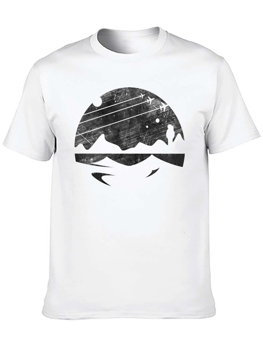 Mens Black Graphic Tee - Mountain & Airplane Design