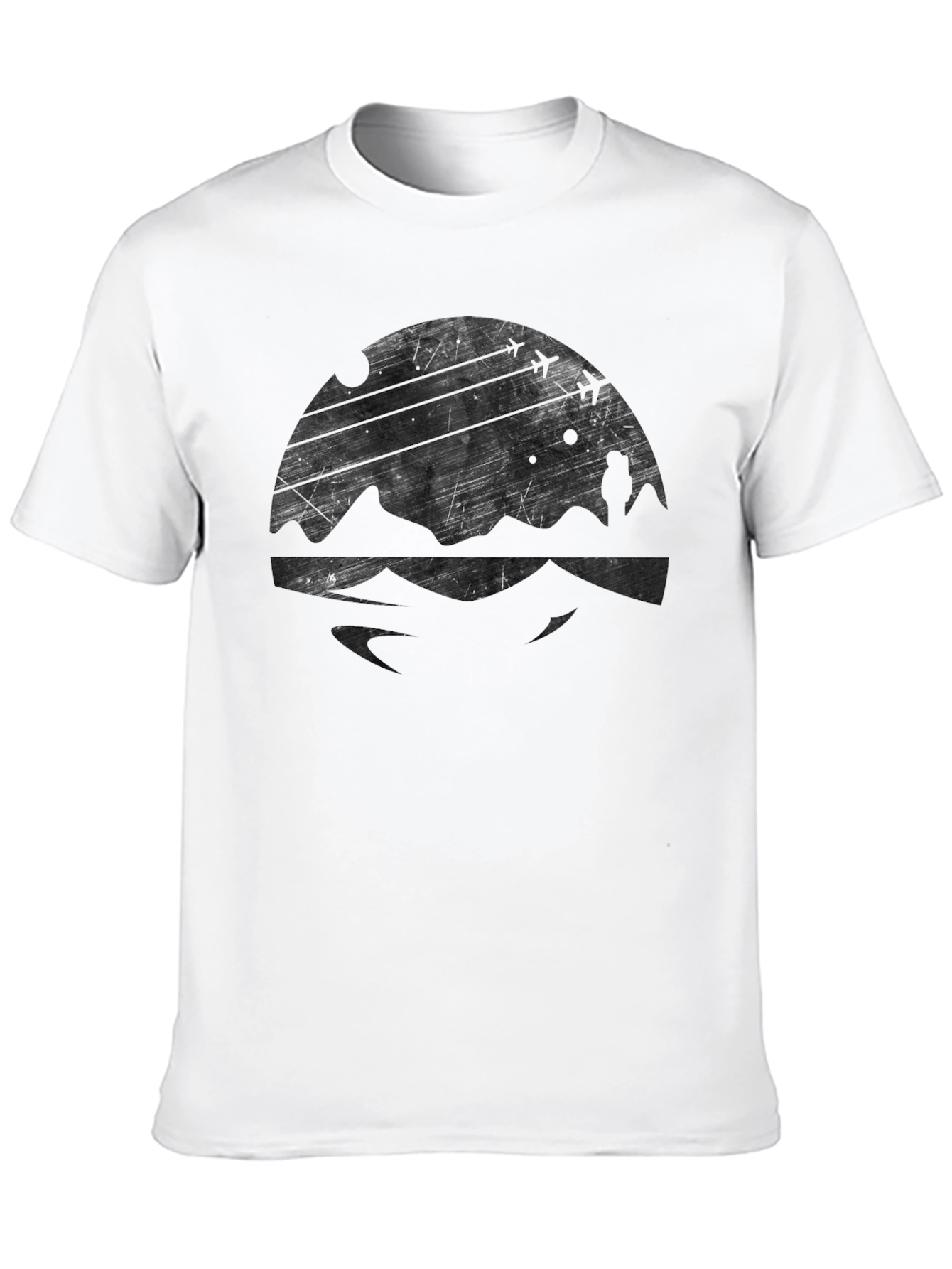Mens Black Graphic Tee - Mountain & Airplane Design