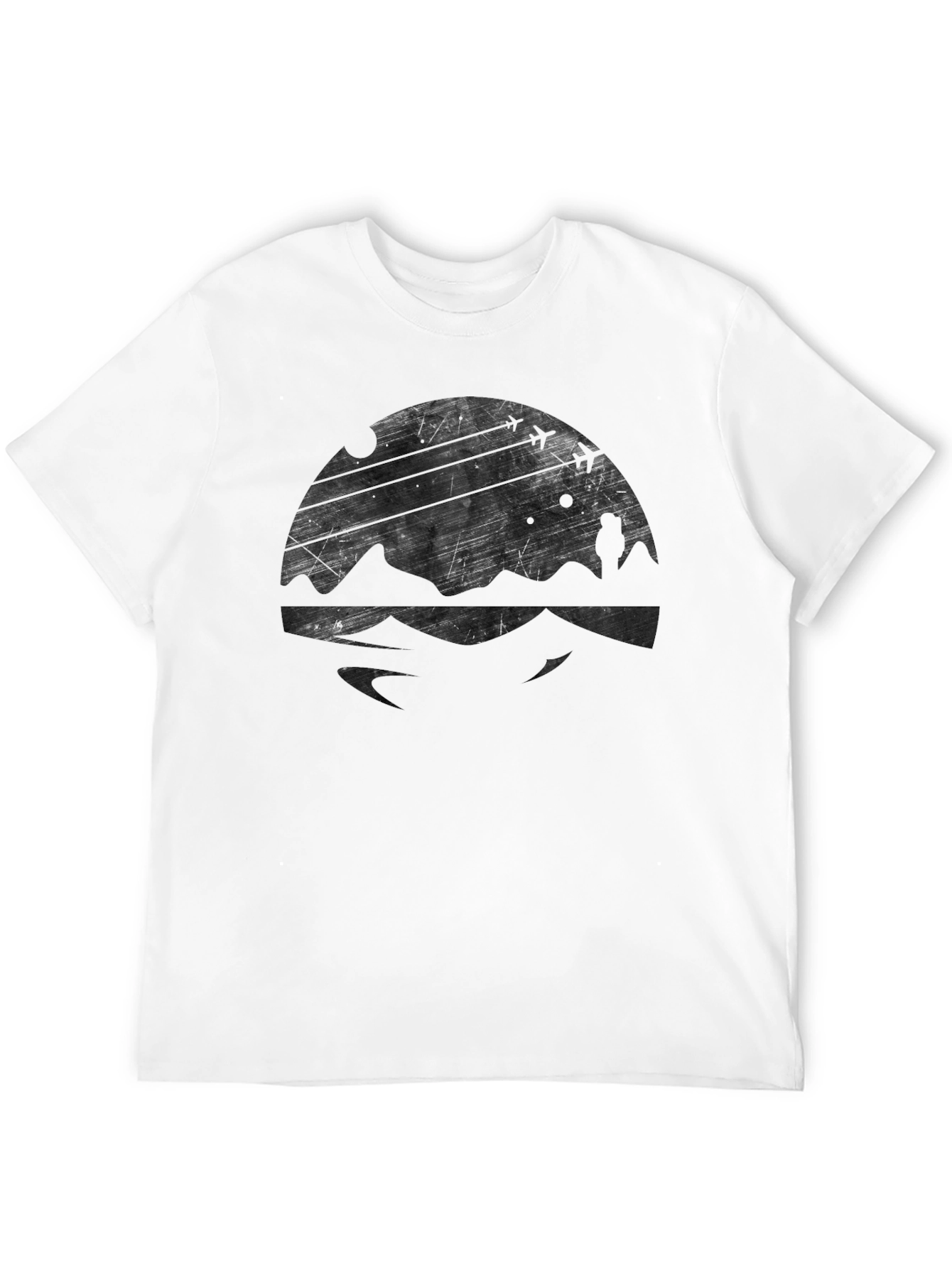 Mens Black Graphic Tee - Mountain & Airplane Design