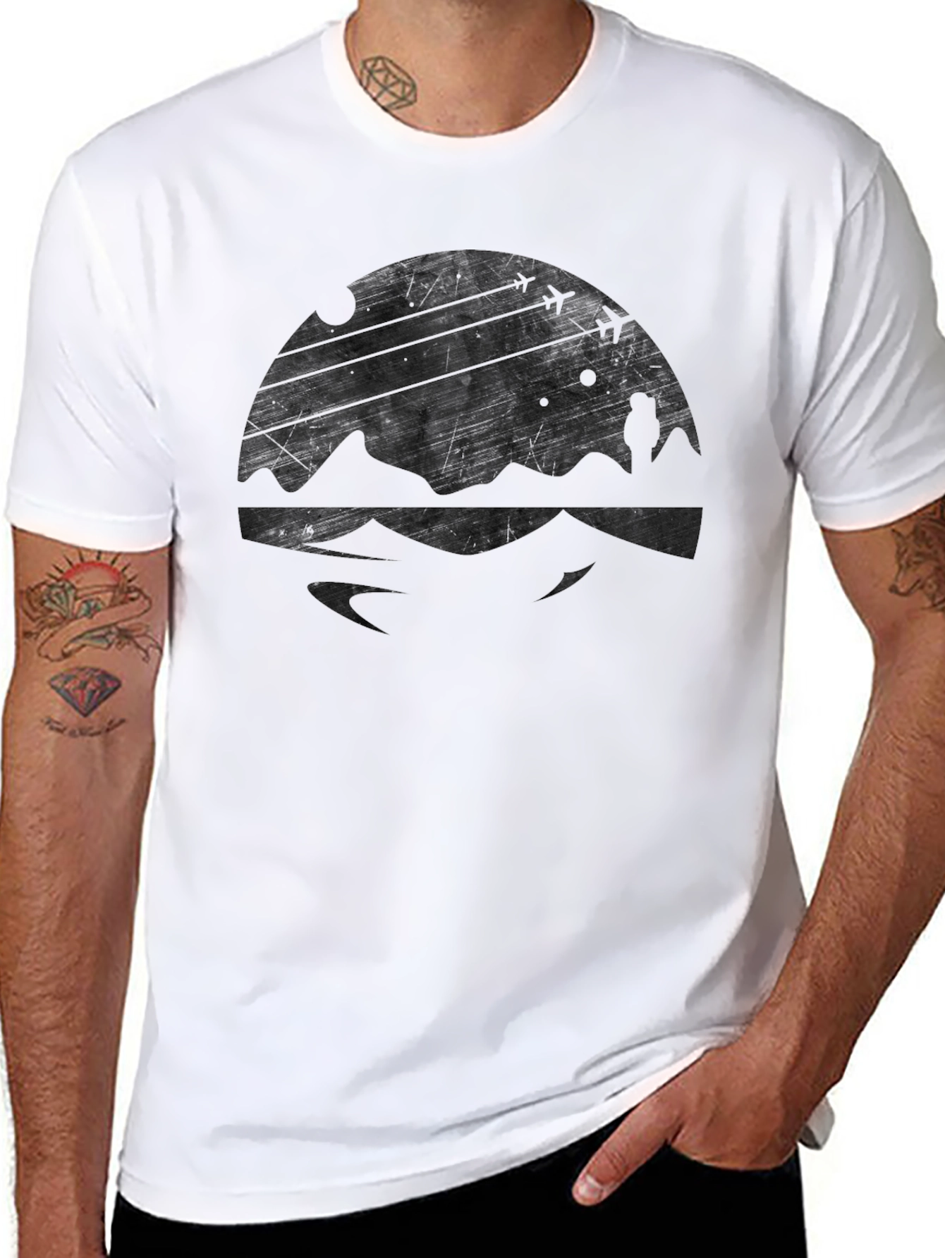 Mens Black Graphic Tee - Mountain & Airplane Design