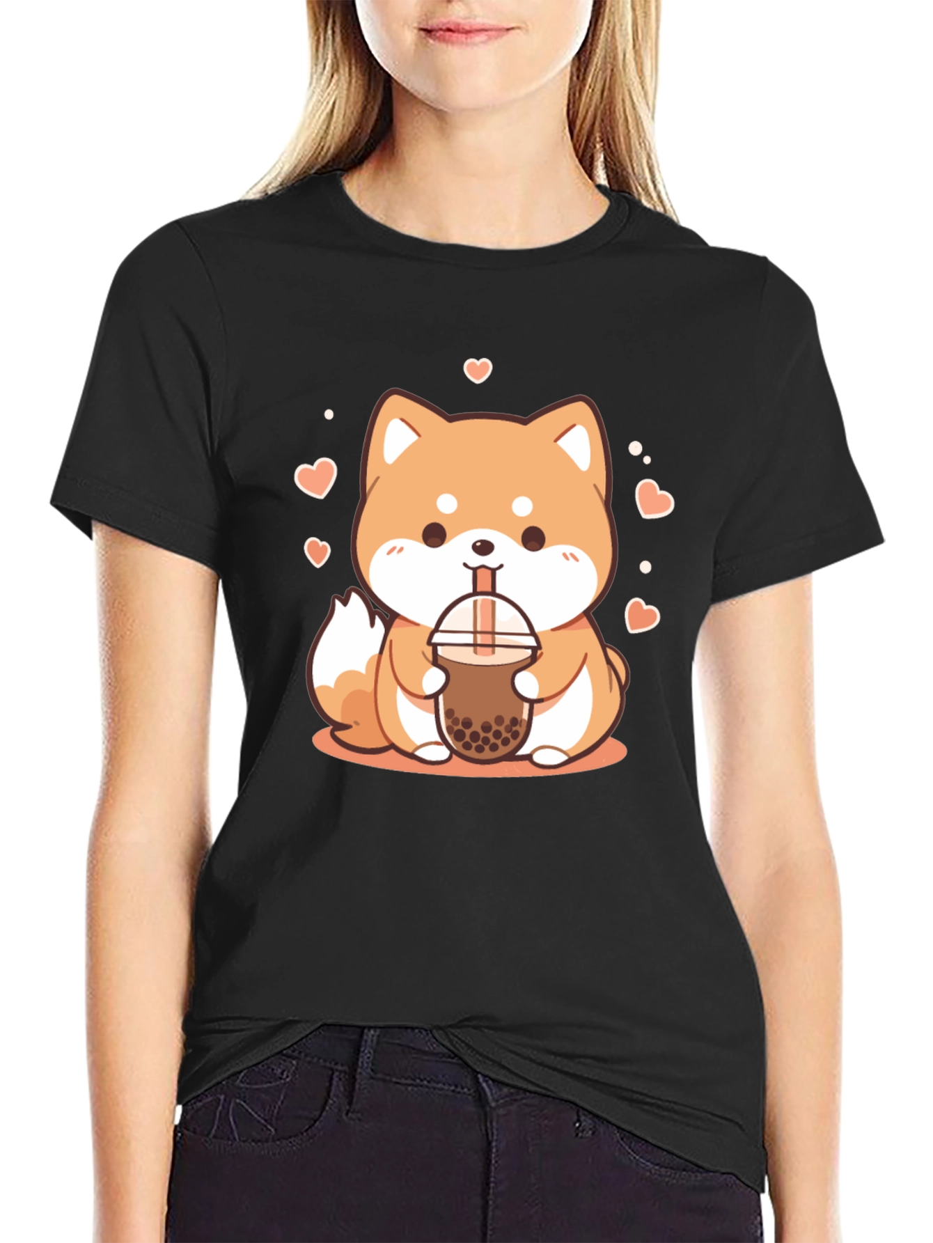 Kawaii Shiba Inu Bubble Tea Graphic Tee - Black