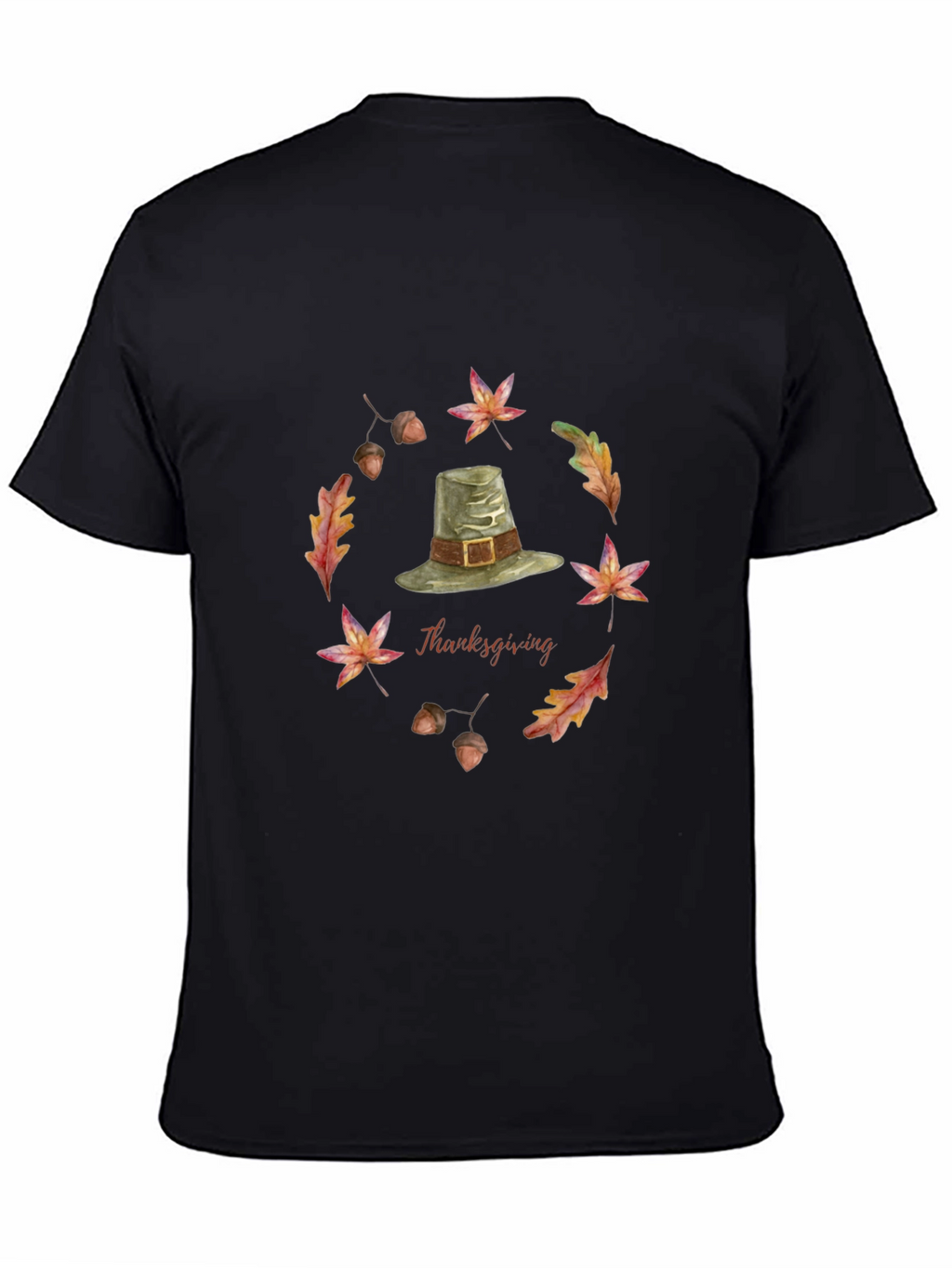 Thanksgiving T-Shirt with Pilgrim Hat and Autumn Leaves