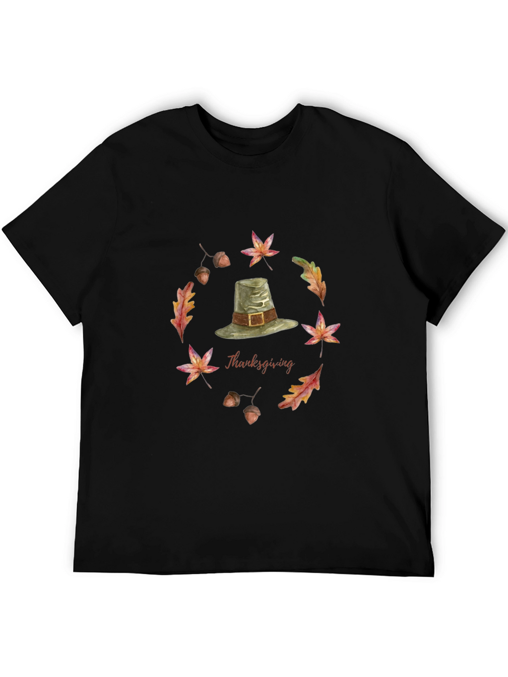 Thanksgiving T-Shirt with Pilgrim Hat and Autumn Leaves