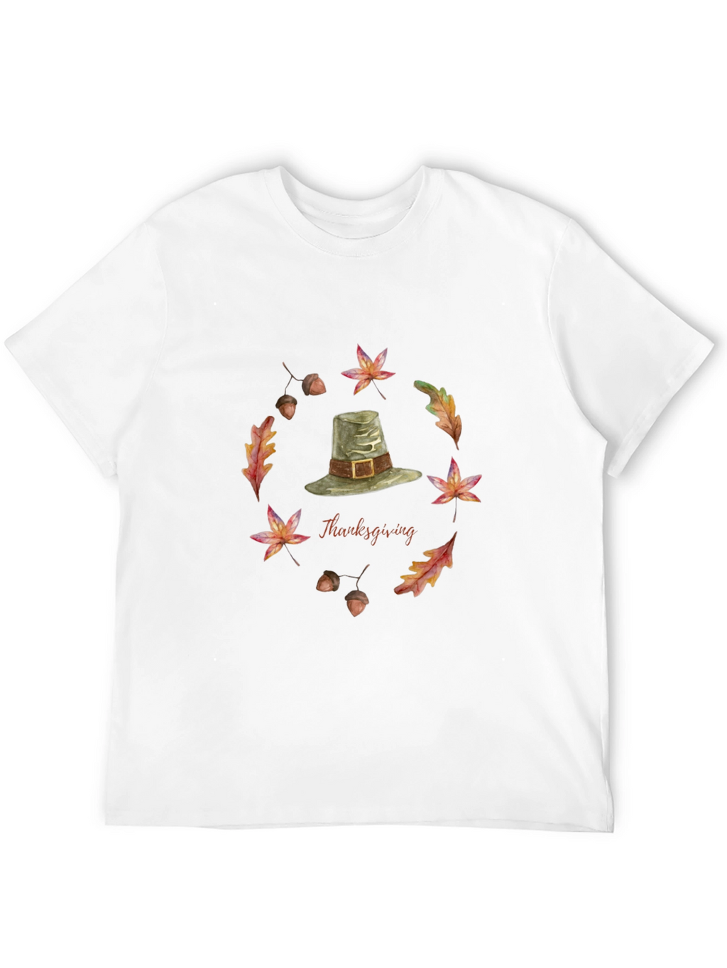 Thanksgiving T-Shirt with Pilgrim Hat and Autumn Leaves
