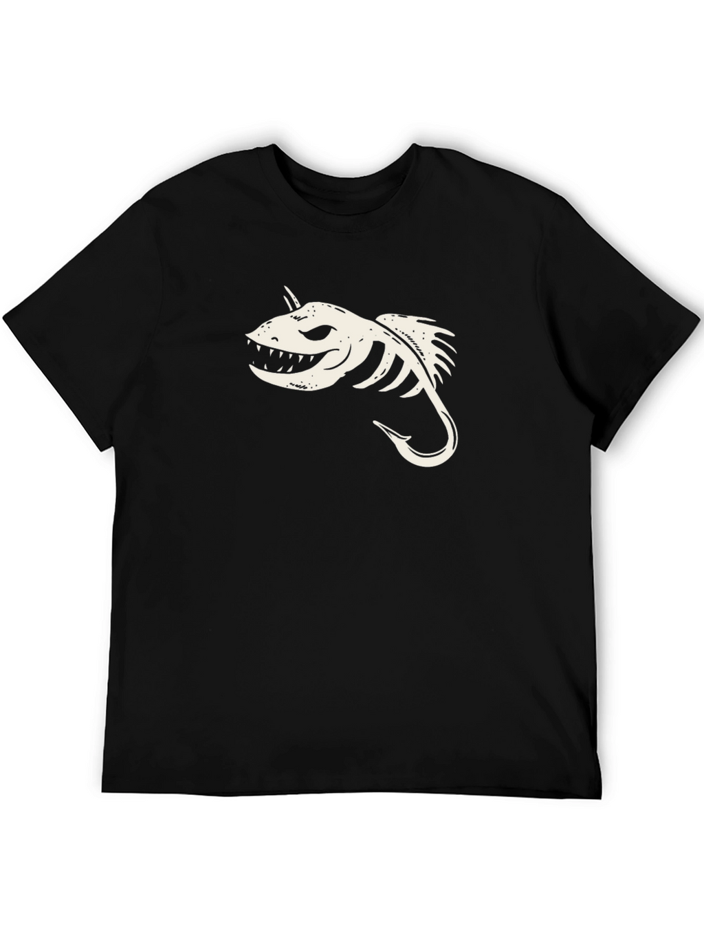Black T-Shirt with Skeletal Fish Hook Graphic