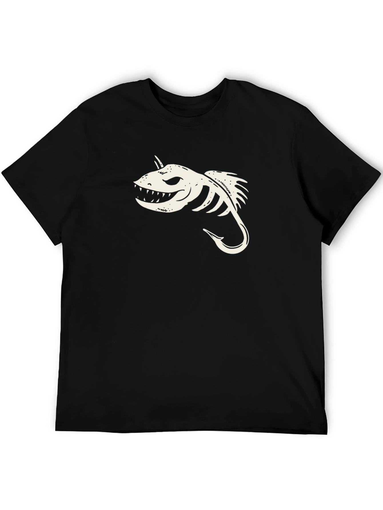 Black T-Shirt with Skeletal Fish Hook Graphic