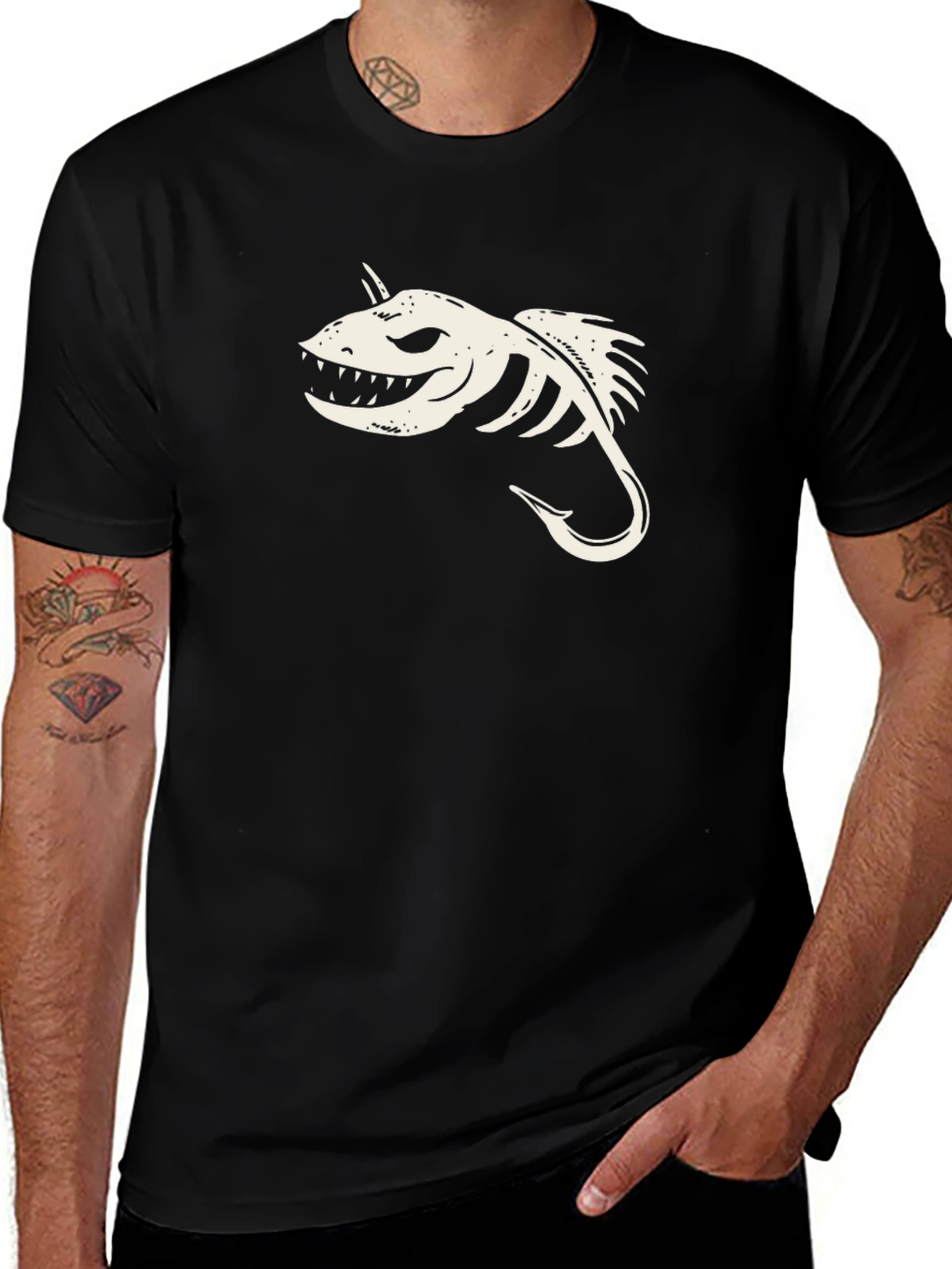 Black T-Shirt with Skeletal Fish Hook Graphic