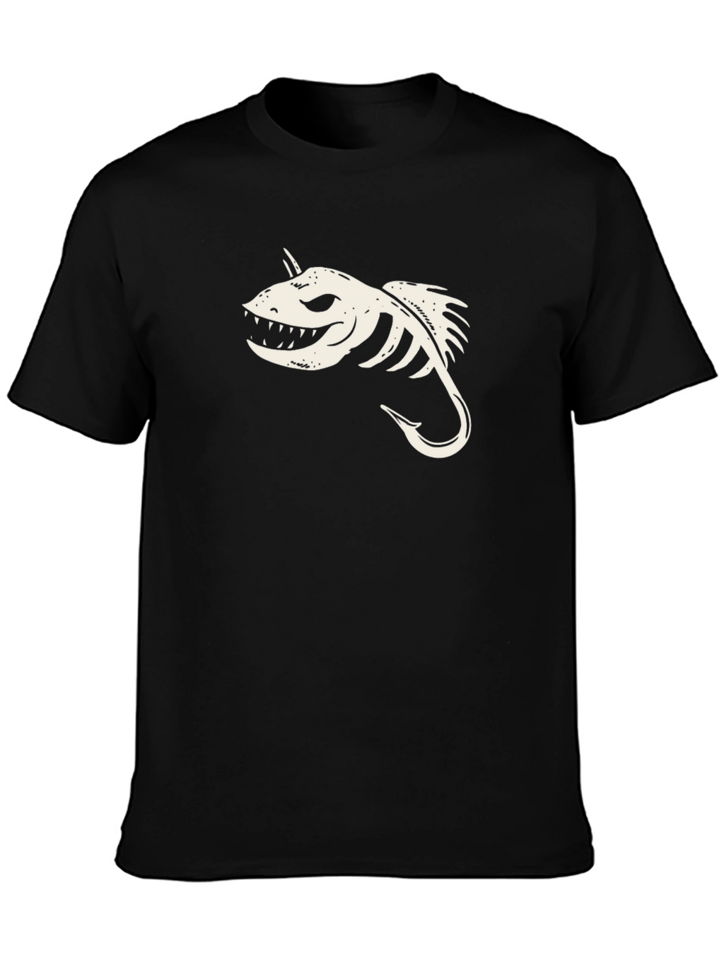 Black T-Shirt with Skeletal Fish Hook Graphic
