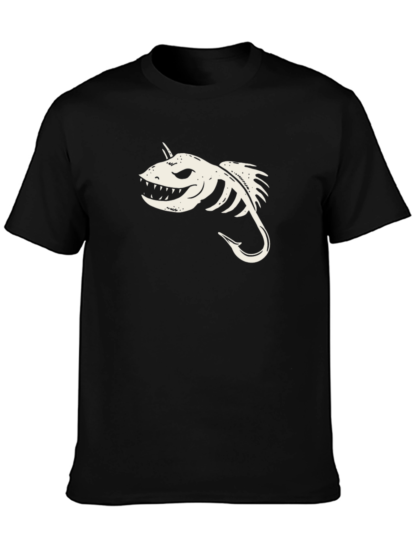 Black T-Shirt with Skeletal Fish Hook Graphic