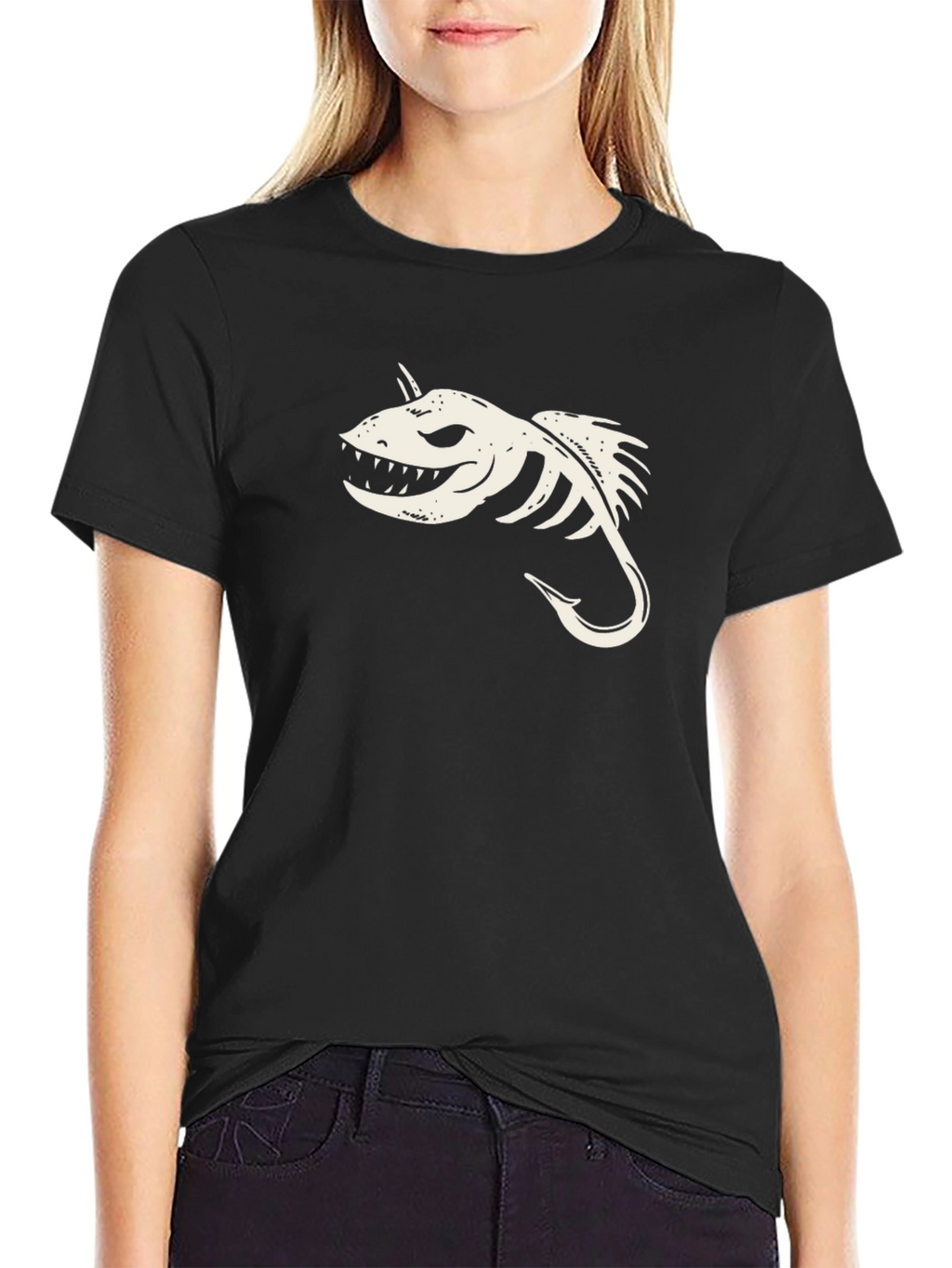 Black T-Shirt with Skeletal Fish Hook Graphic