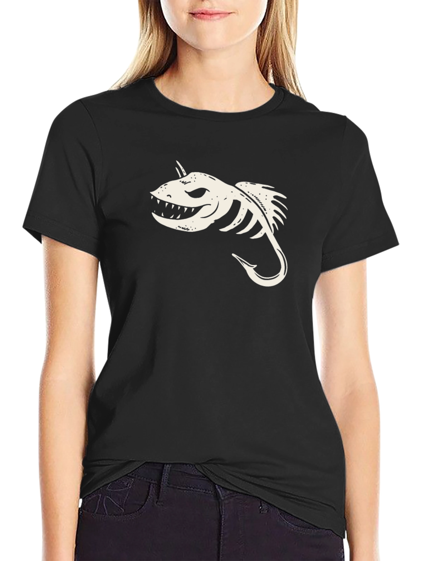 Black T-Shirt with Skeletal Fish Hook Graphic