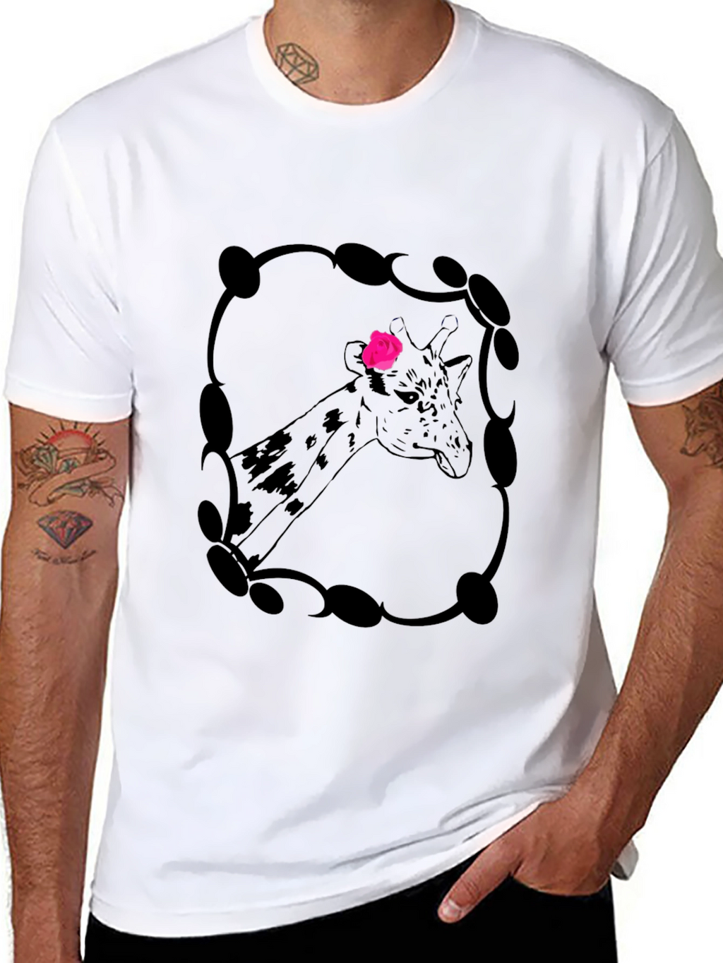 Giraffe Rose Graphic Tee - Stylish Mens Black T-Shirt