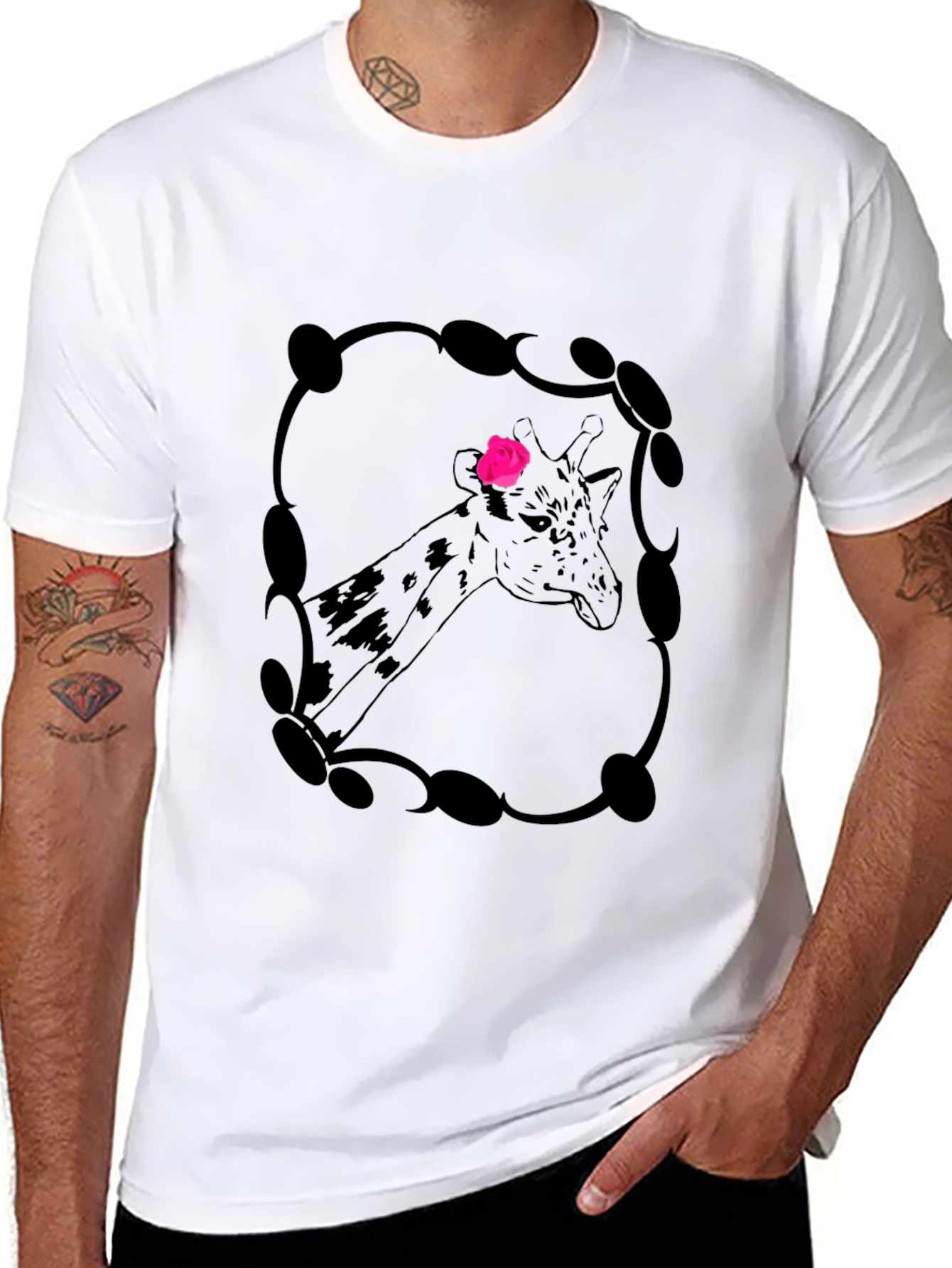 Giraffe Rose Graphic Tee - Stylish Mens Black T-Shirt