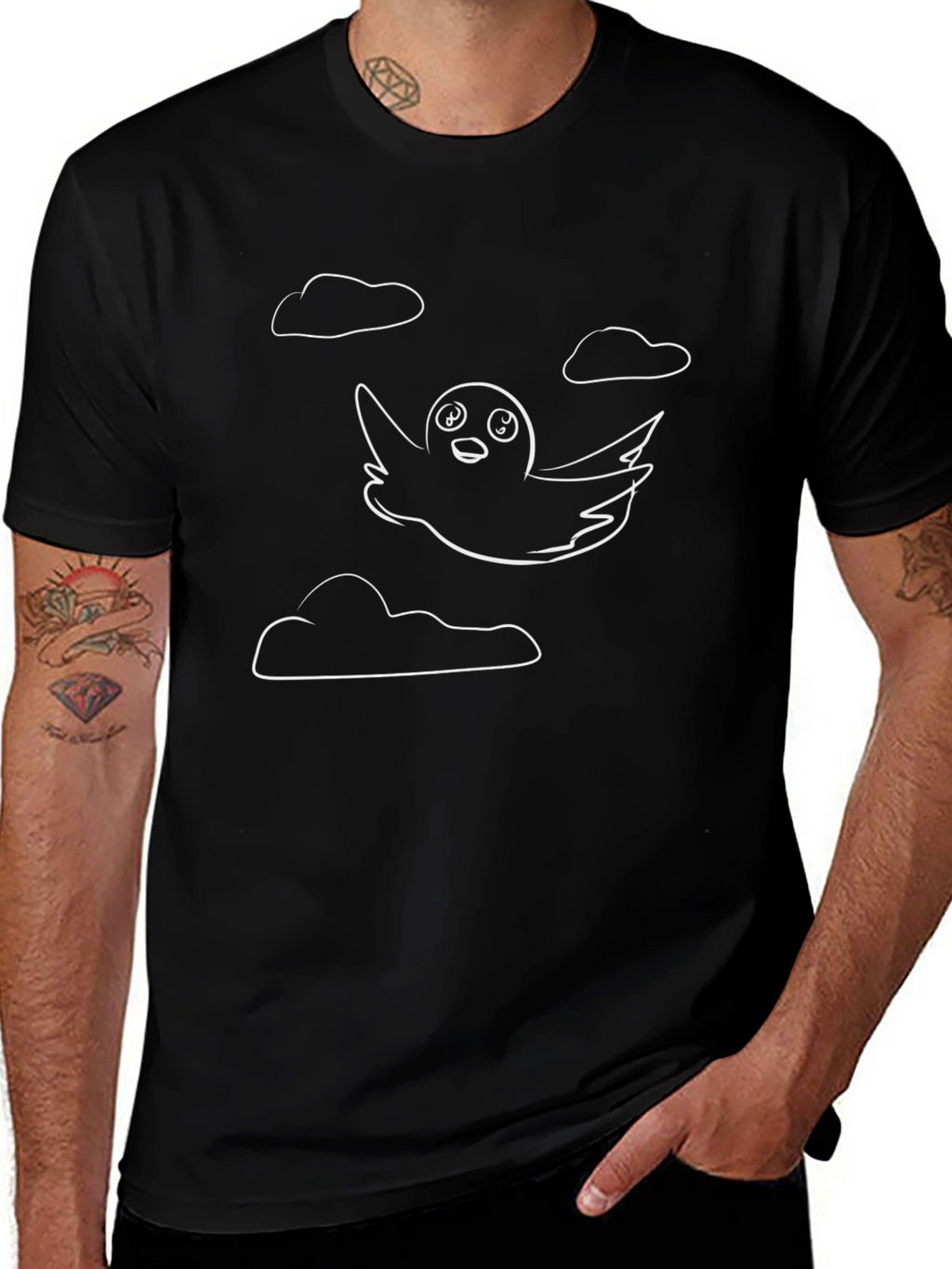 Whimsical Cloud & Bird Graphic Tee - Black