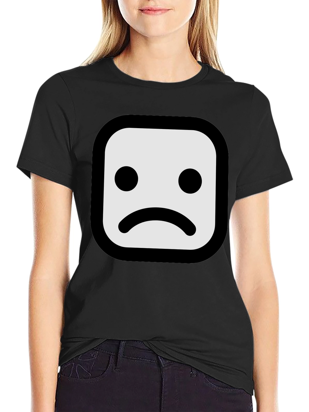 Sad Face Graphic T-Shirt - Black Cotton Blend