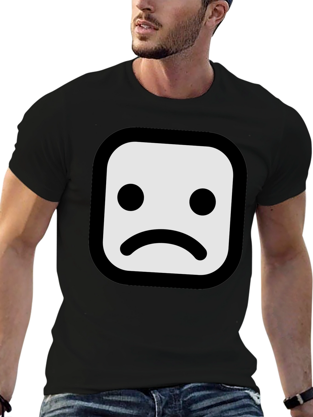 Sad Face Graphic T-Shirt - Black Cotton Blend