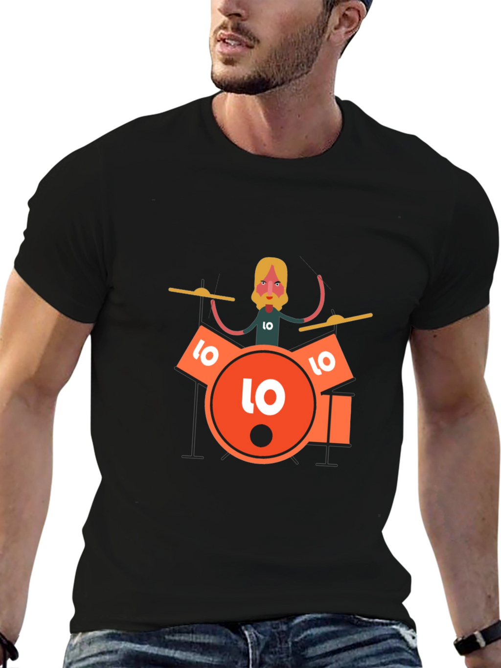 Drummer Graphic Tee - Black Crew Neck T-Shirt