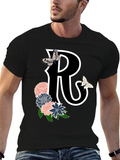Letter R Floral Butterfly Black T-Shirt