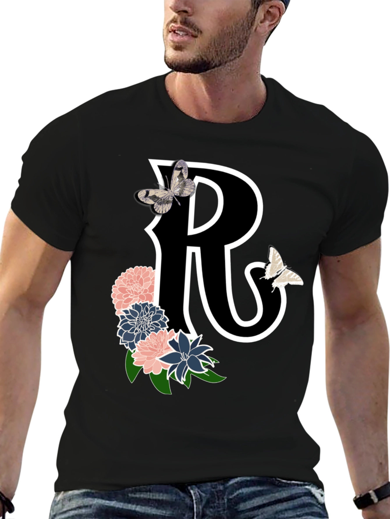 Letter R Floral Butterfly Black T-Shirt