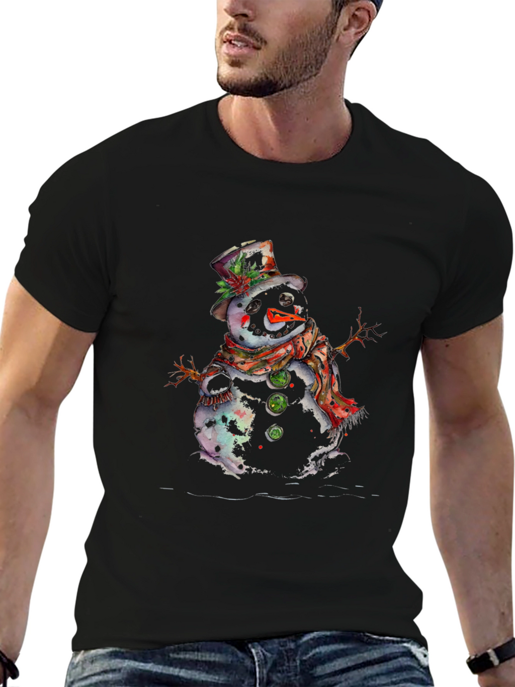 Snowman Graphic Tee - Black Cotton Blend Shirt