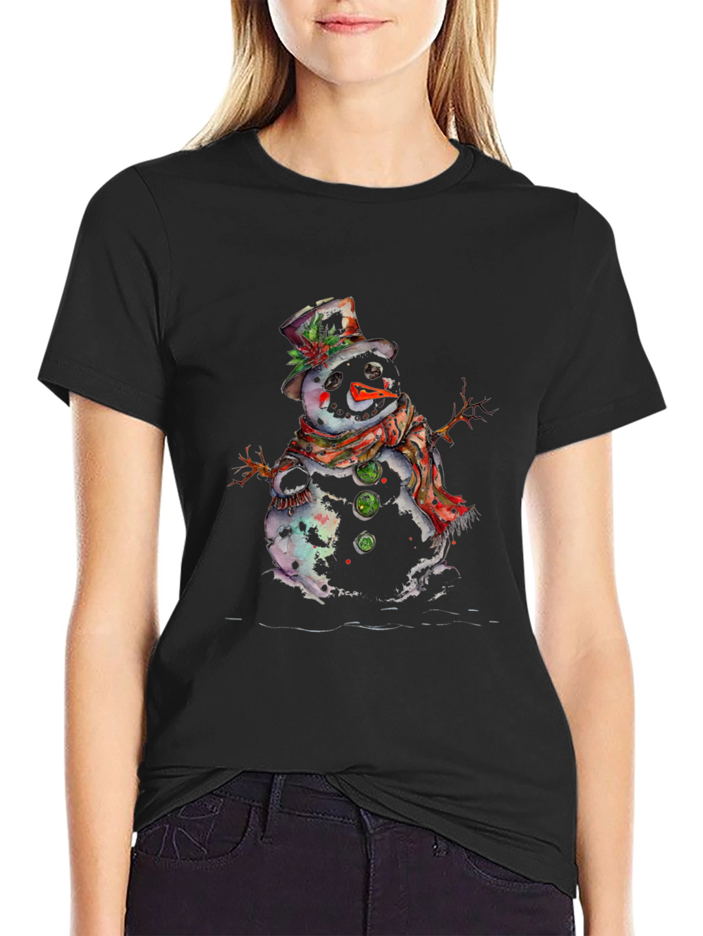 Snowman Graphic Tee - Black Cotton Blend Shirt