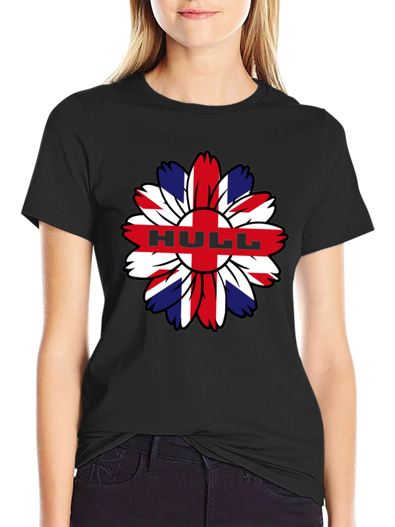Hull UK Flag Flower Graphic Black T-Shirt