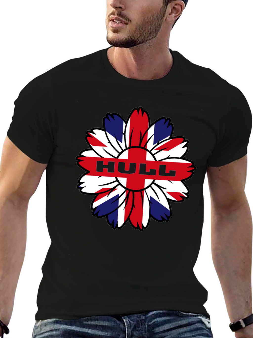 Hull UK Flag Flower Graphic Black T-Shirt