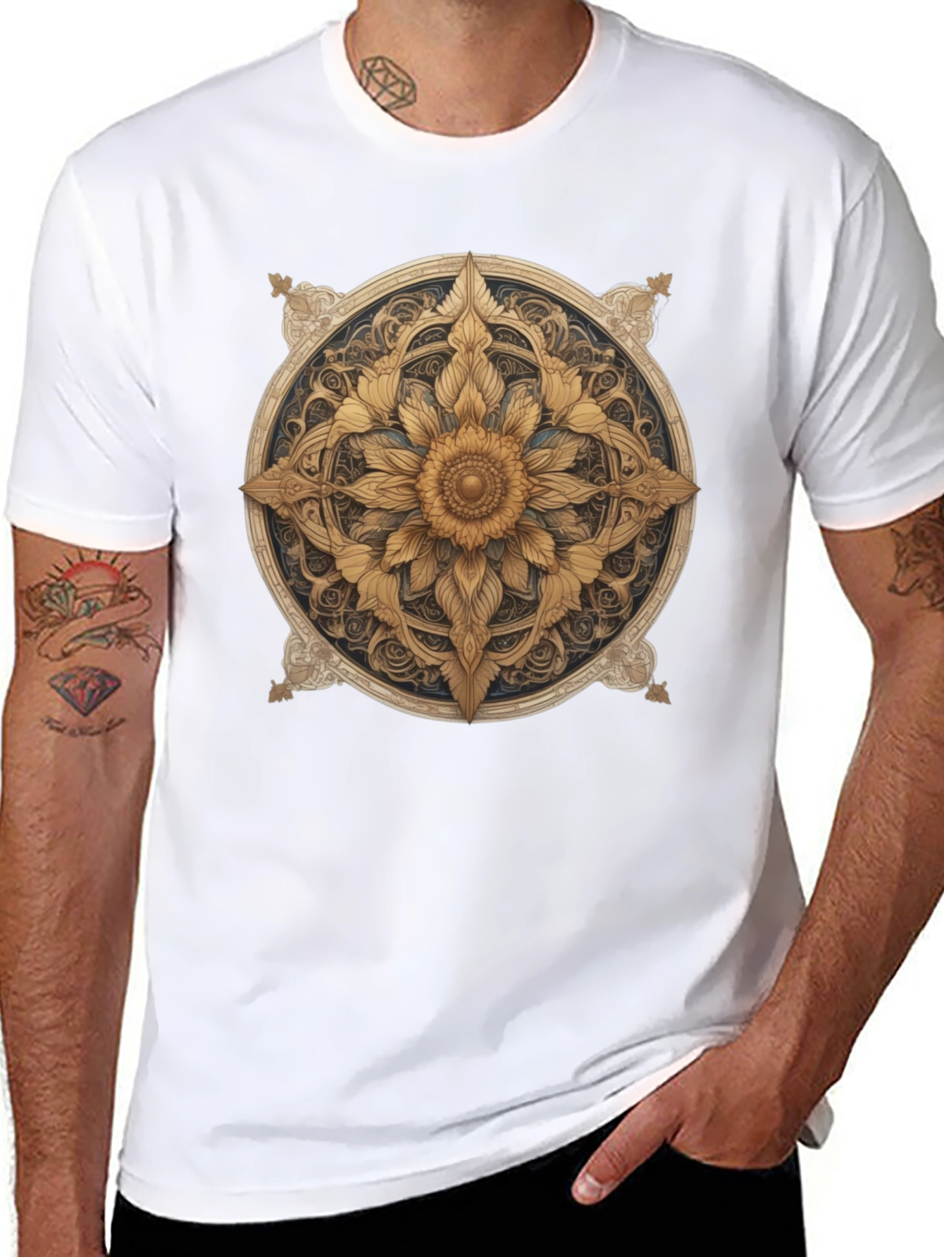 Golden Floral Mandala Graphic Tee - Stylish Comfort