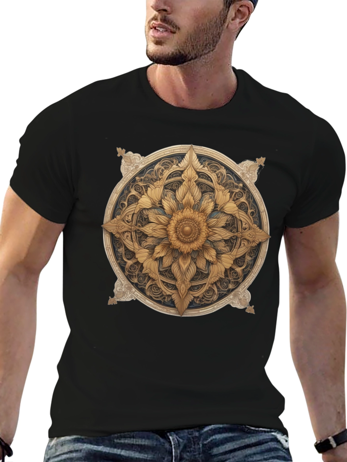 Golden Floral Mandala Graphic Tee - Stylish Comfort