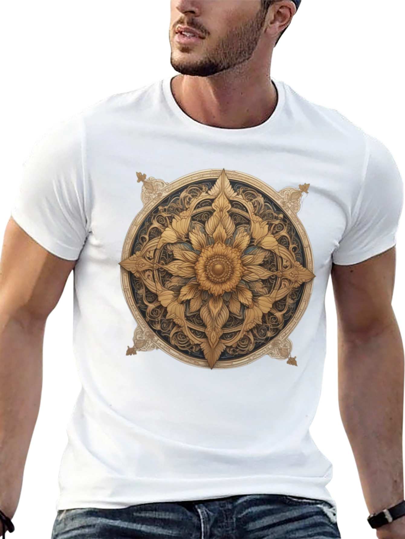 Golden Floral Mandala Graphic Tee - Stylish Comfort