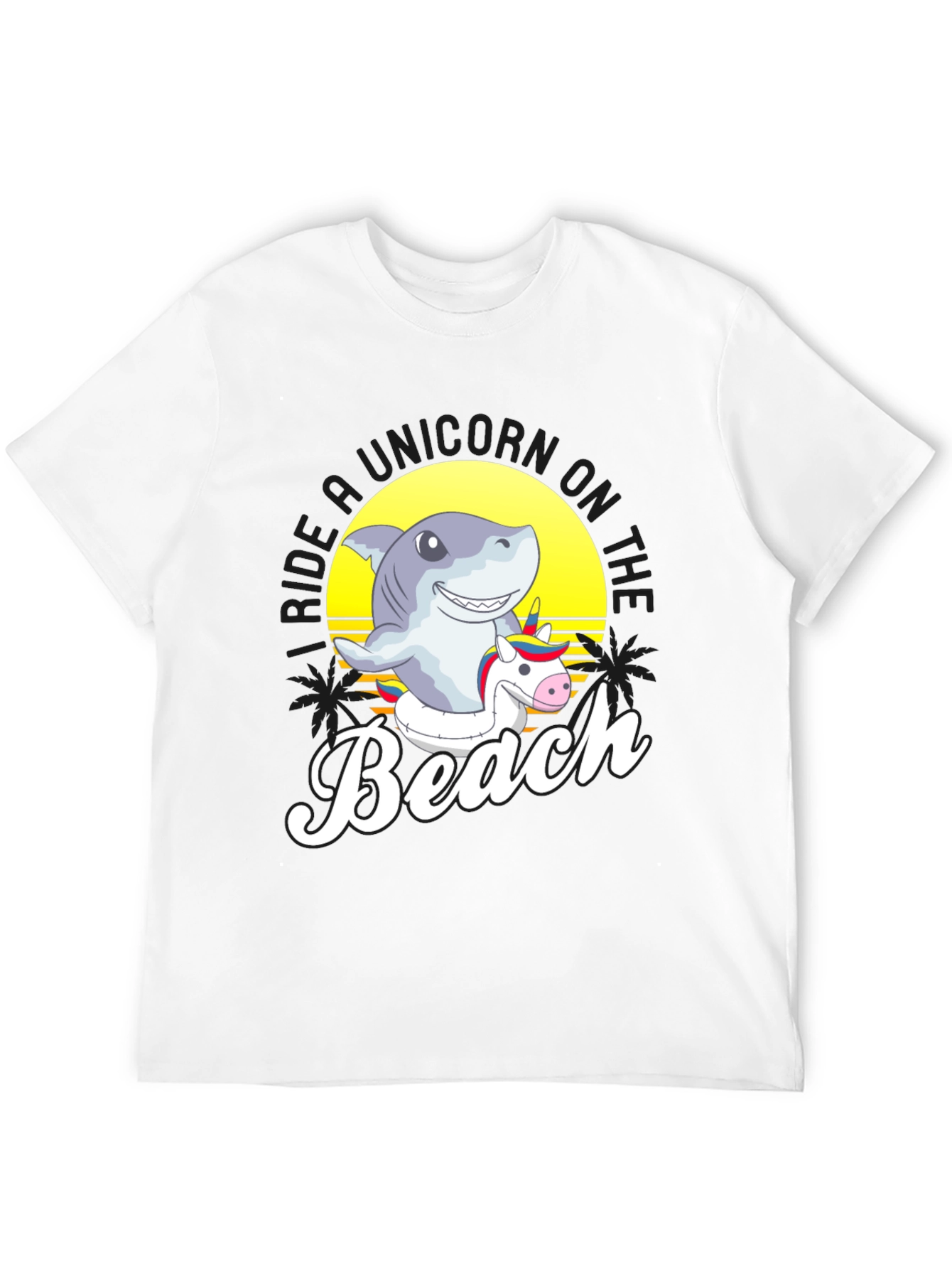 Shark Riding Unicorn Beach T-Shirt