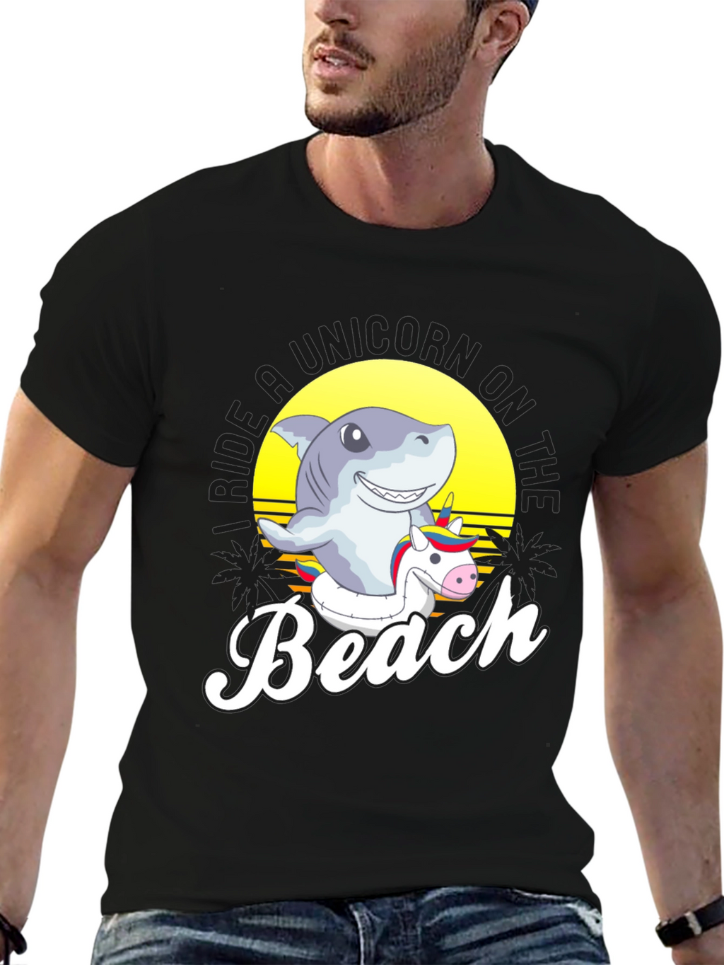 Shark Riding Unicorn Beach T-Shirt