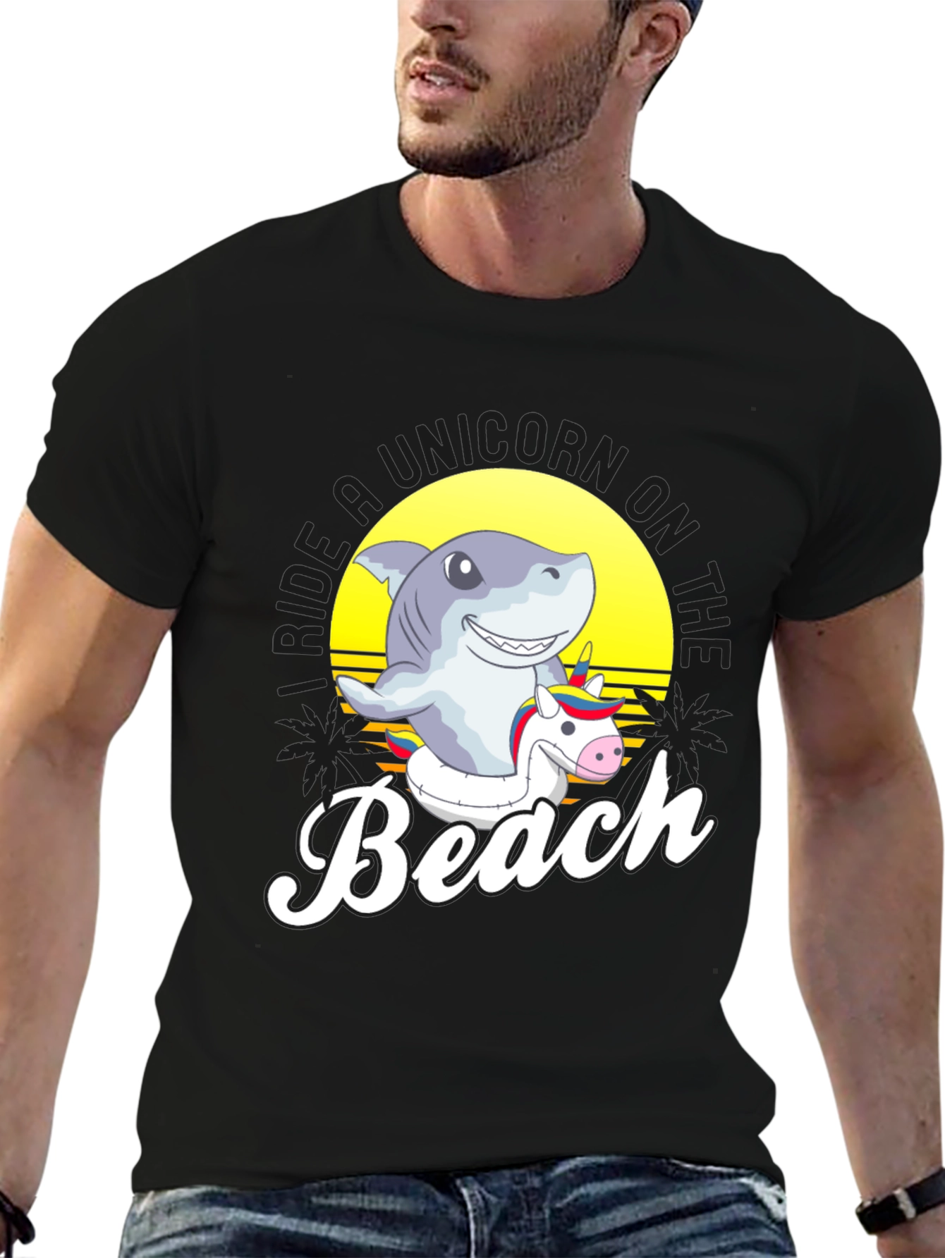Shark Riding Unicorn Beach T-Shirt