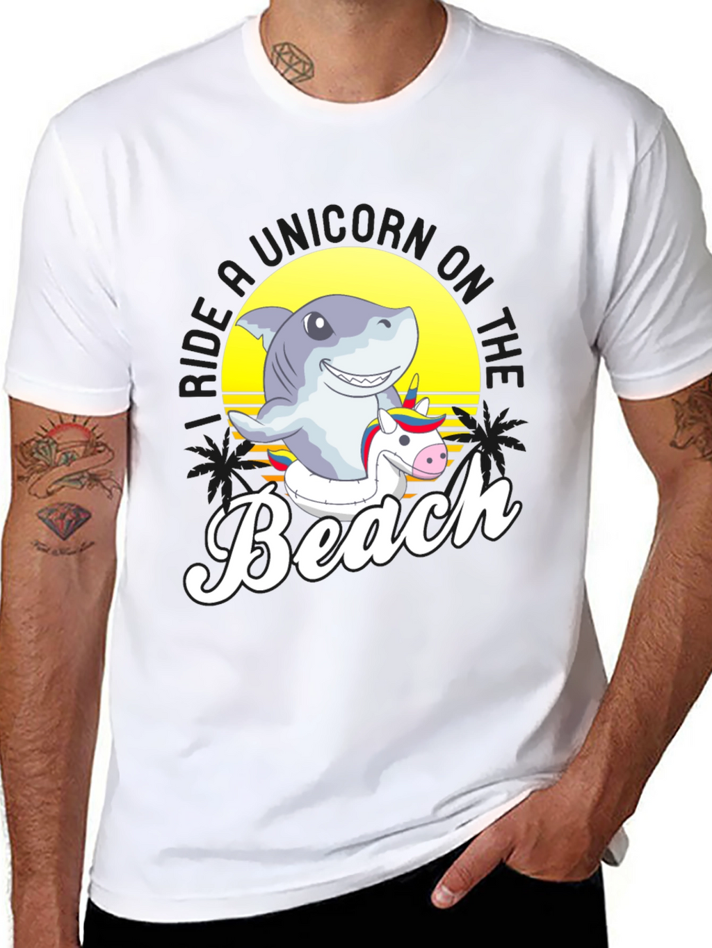 Shark Riding Unicorn Beach T-Shirt