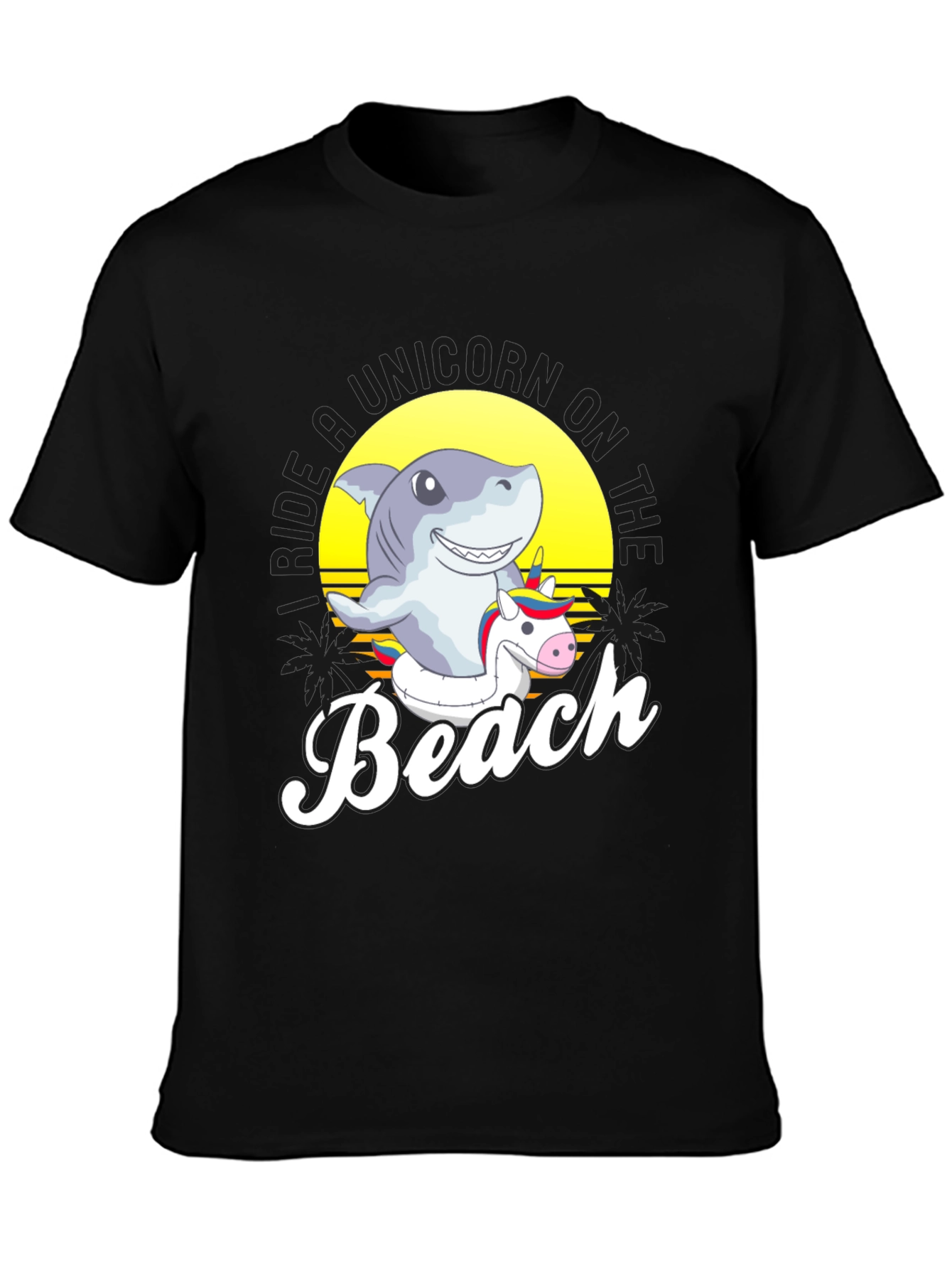 Shark Riding Unicorn Beach T-Shirt