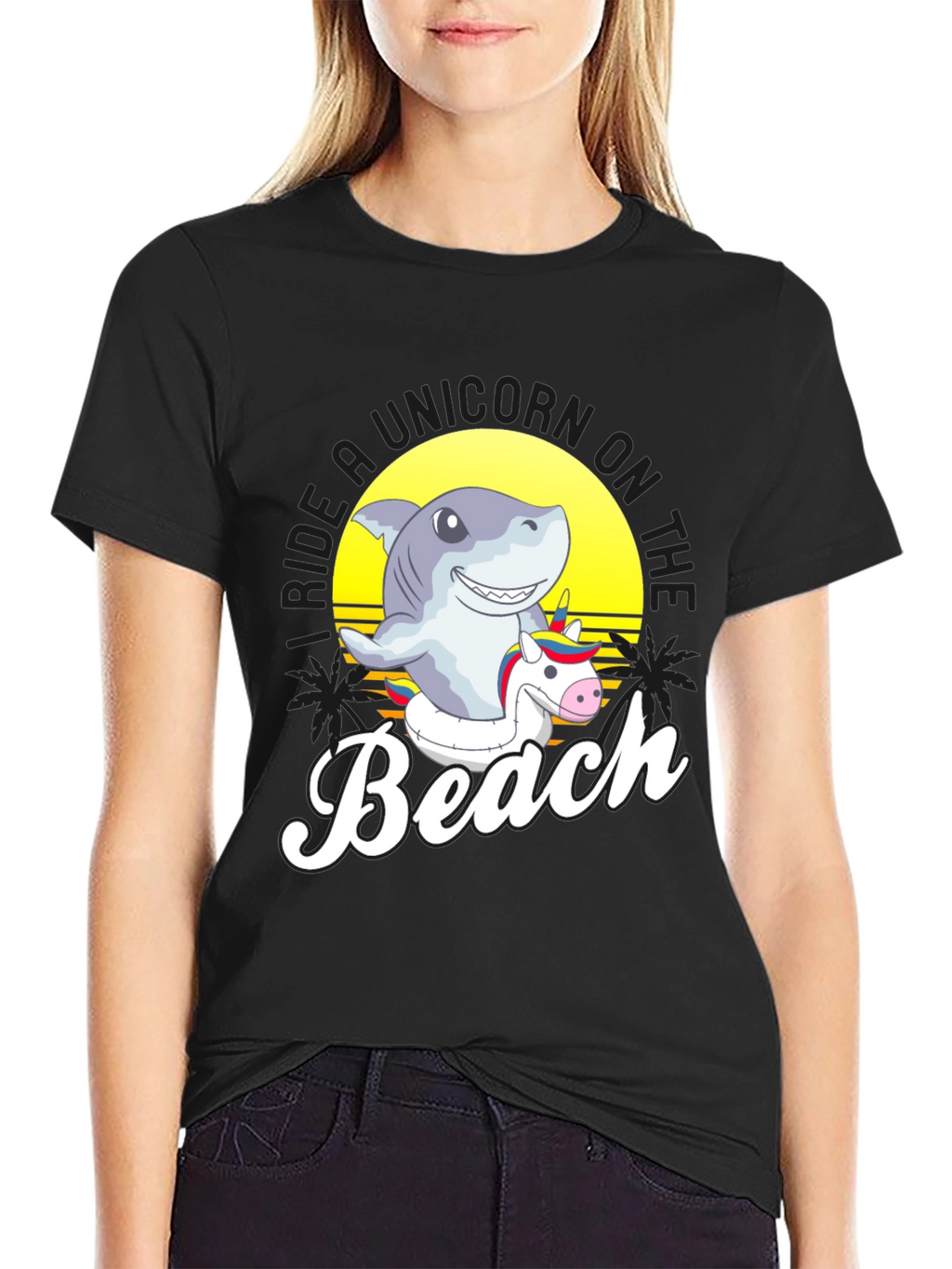 Shark Riding Unicorn Beach T-Shirt