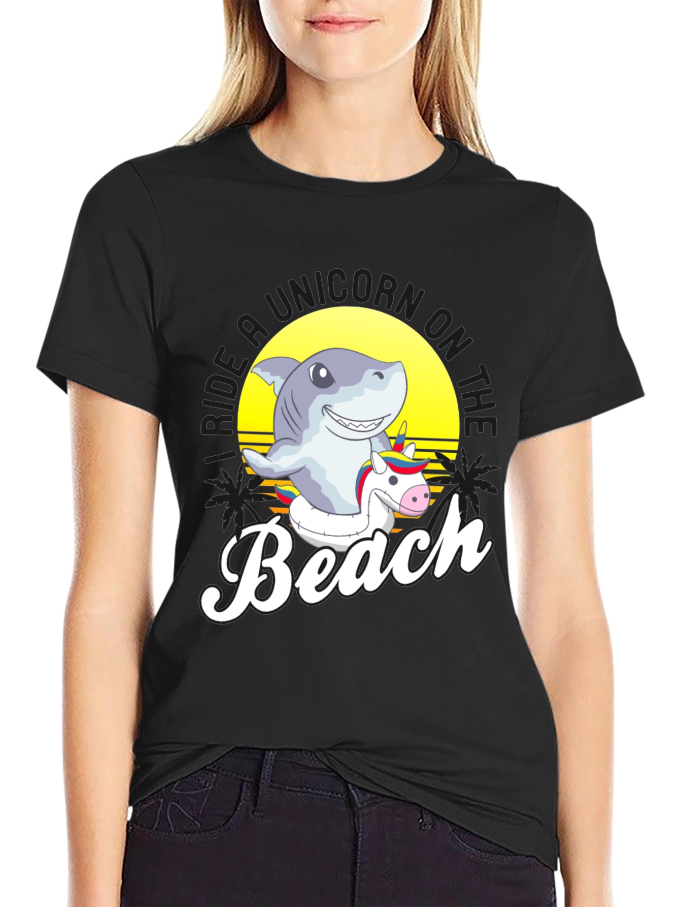 Shark Riding Unicorn Beach T-Shirt
