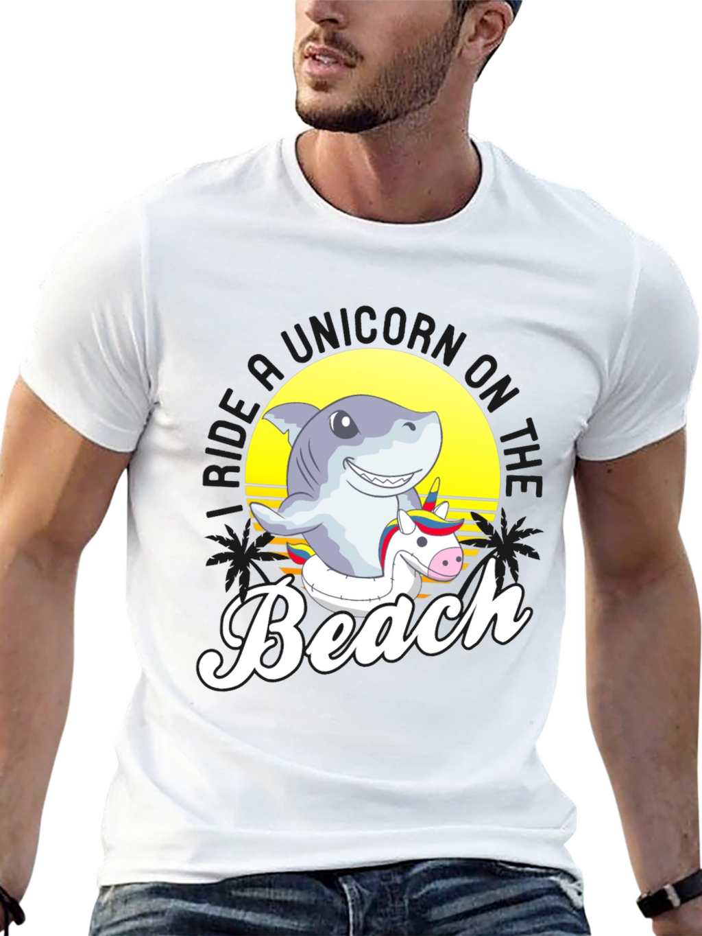 Shark Riding Unicorn Beach T-Shirt